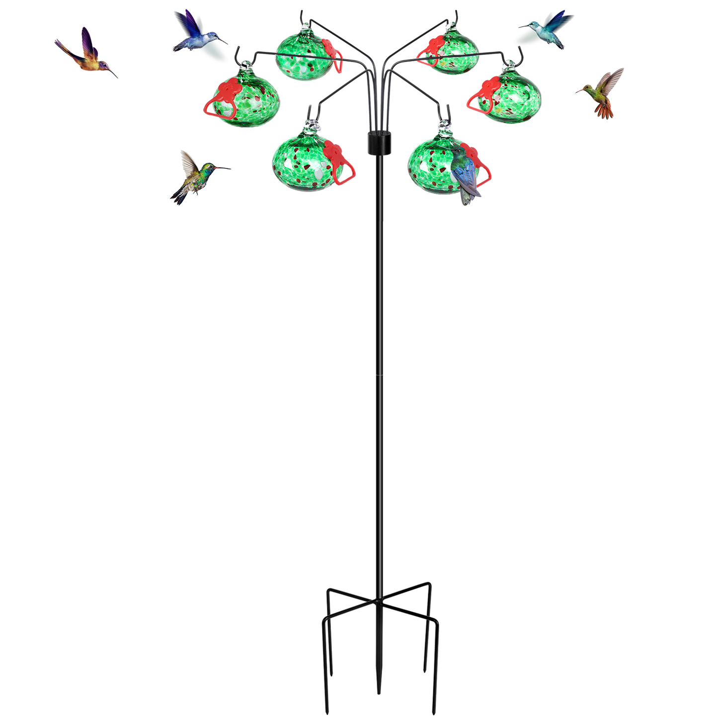 Hand Blow Glass Hummingbird Feeders for Outdoors with Shepherd Hook