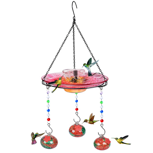 Headak Life Glass Hanging Bird Bath for Outside with 3 Hummingbird Feeders Glass Balls Combo Set,12 Fluid Ounces,Solar Hummingbird Bath(11inch),Backyard, Patio Garden Yard Decoration (Red)