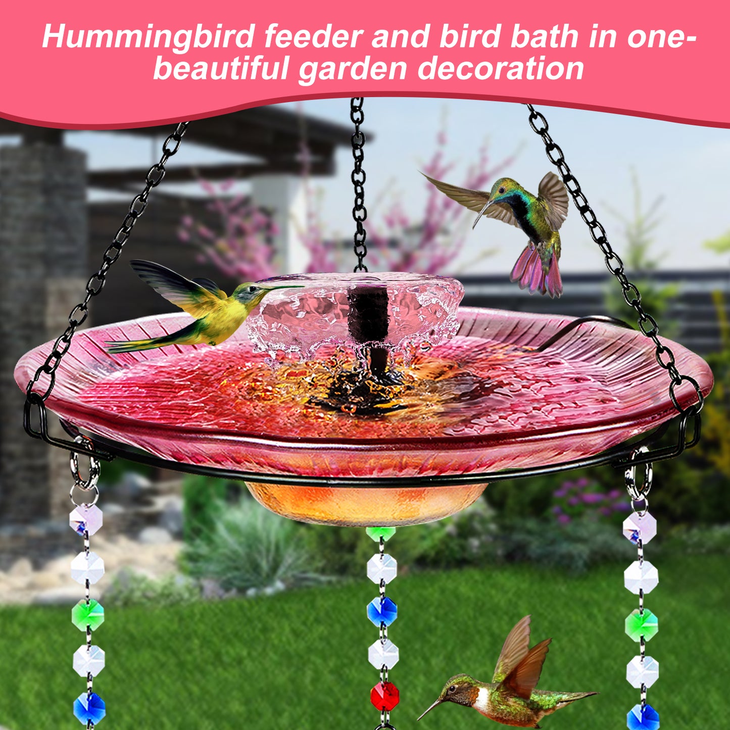 Headak Life Glass Hanging Bird Bath for Outside with 3 Hummingbird Feeders Glass Balls Combo Set,12 Fluid Ounces,Solar Hummingbird Bath(11inch),Backyard, Patio Garden Yard Decoration (Red)