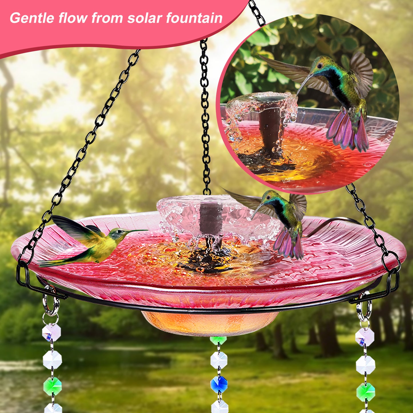 Headak Life Glass Hanging Bird Bath for Outside with 3 Hummingbird Feeders Glass Balls Combo Set,12 Fluid Ounces,Solar Hummingbird Bath(11inch),Backyard, Patio Garden Yard Decoration (Red)