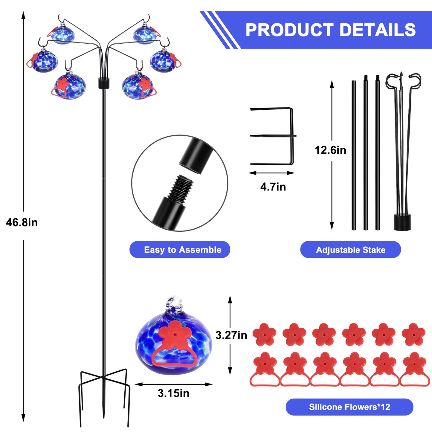 Hand Blow Glass Hummingbird Feeders for Outdoors  with Shepherd Hook