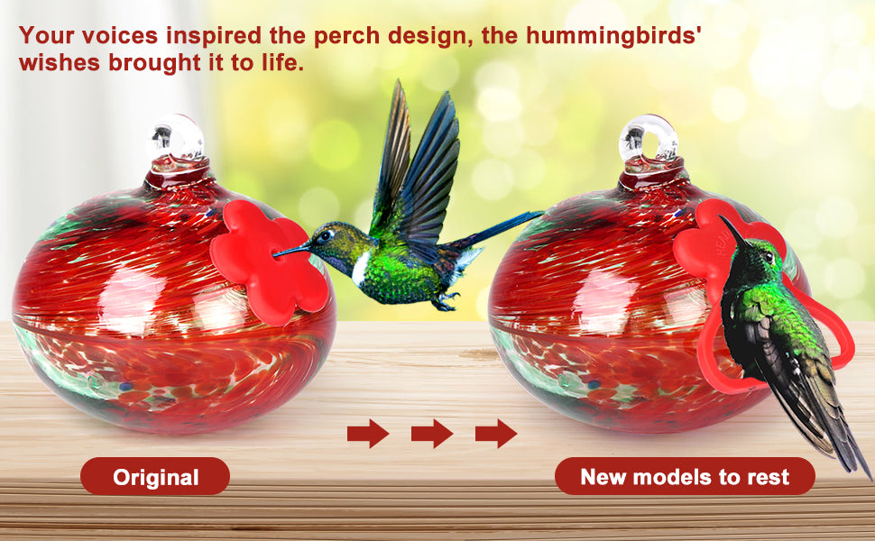 Single hand blown glass hummingbird feeder with 2 silicone flowers(Red Phoenix Tail)