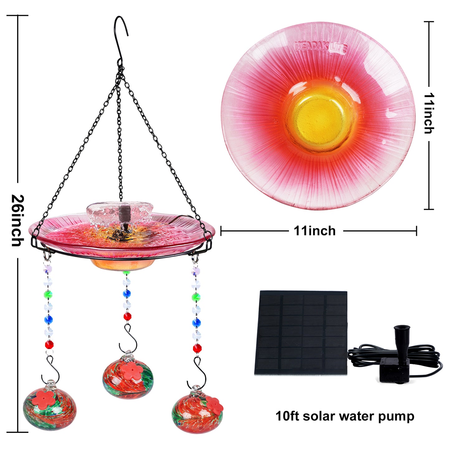 Headak Life Glass Hanging Bird Bath for Outside with 3 Hummingbird Feeders Glass Balls Combo Set,12 Fluid Ounces,Solar Hummingbird Bath(11inch),Backyard, Patio Garden Yard Decoration (Red)