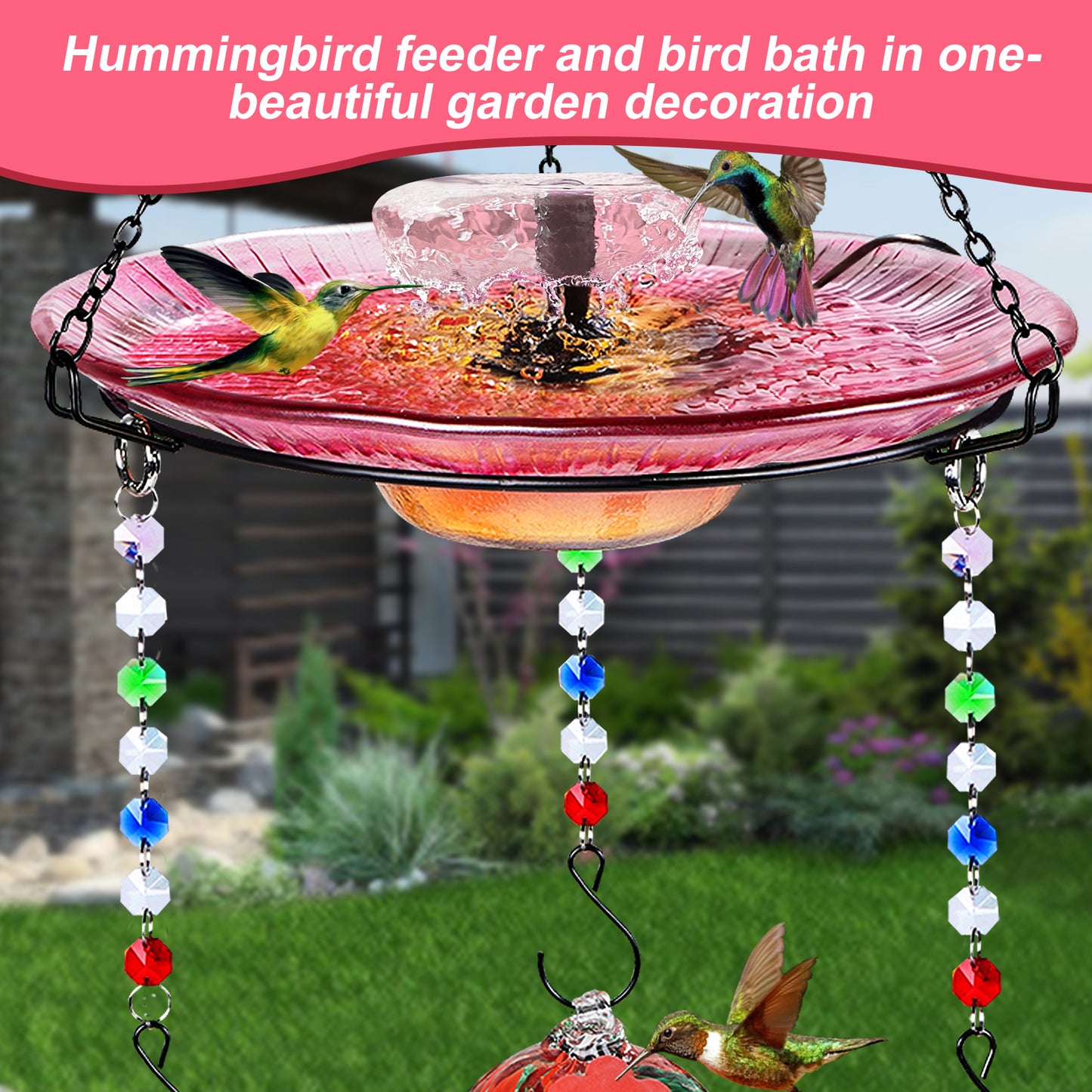 Headak Life Glass Hanging Bird Bath for Outside with 3 Hummingbird Feeders Glass Balls Combo Set,12 Fluid Ounces,Solar Hummingbird Bath(11inch),Backyard, Patio Garden Yard Decoration (Red)