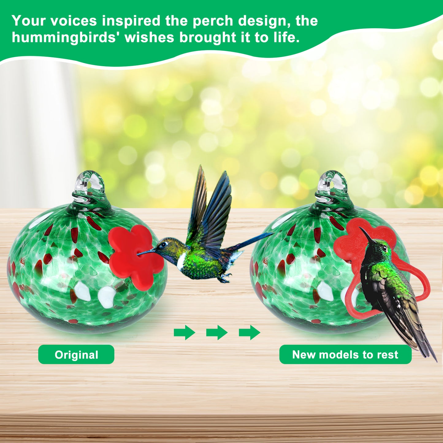 Single hand blown glass hummingbird feeder with 2 silicone flowers(Green Dotted)