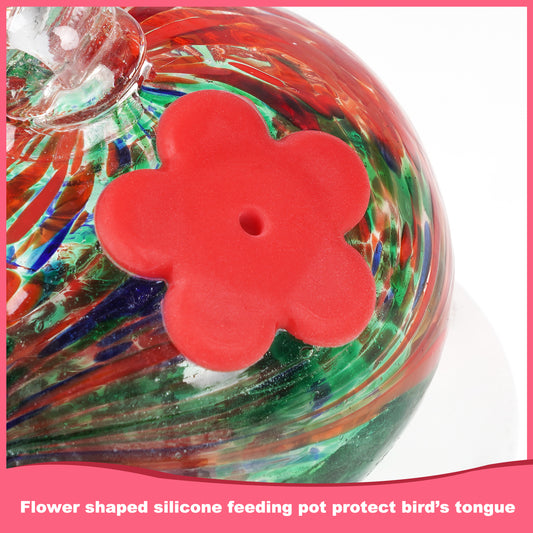 Single hand blown glass hummingbird feeder with 2 silicone flowers(Red Phoenix Tail)