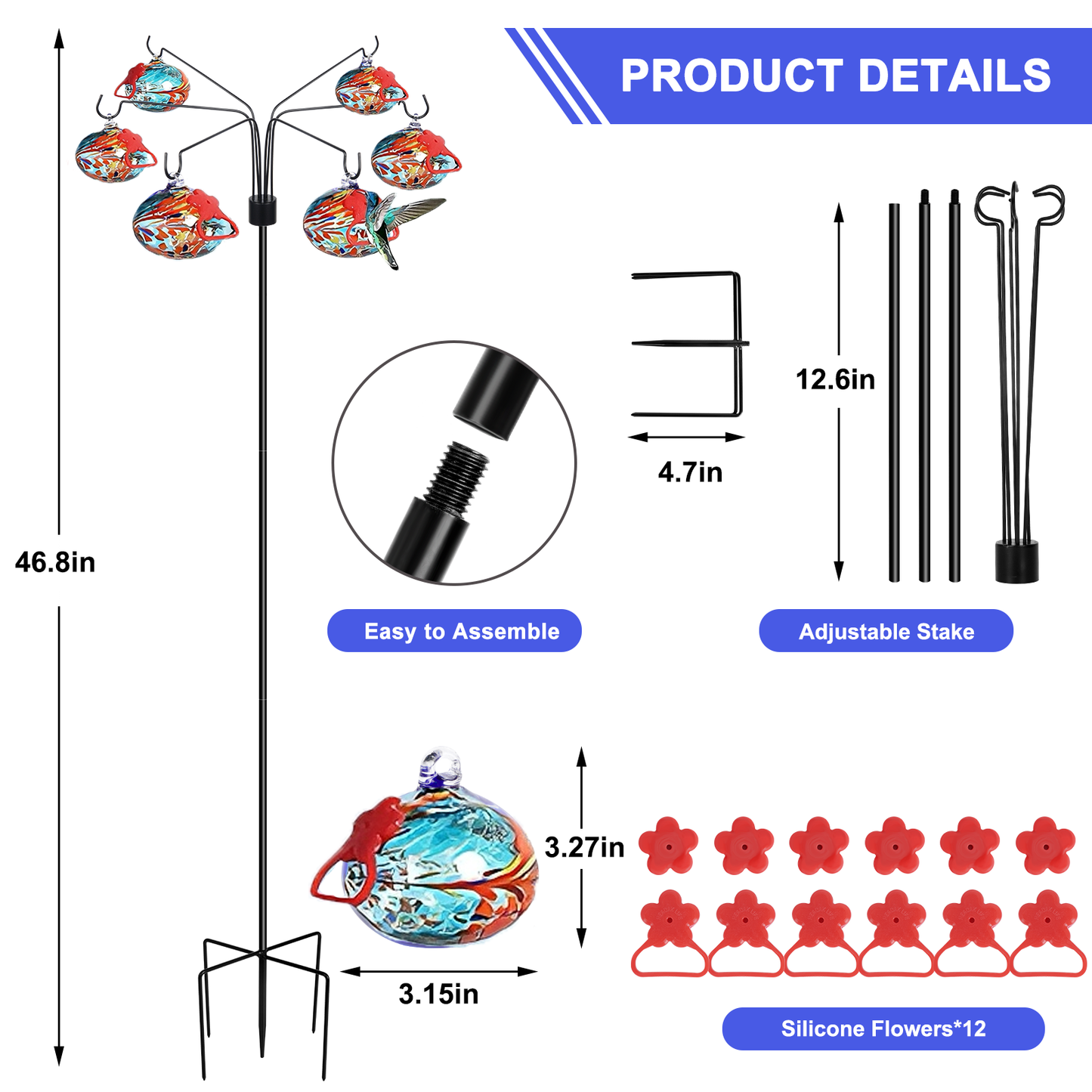 Hand Blow Glass Hummingbird Feeders for Outdoors  with Shepherd Hook