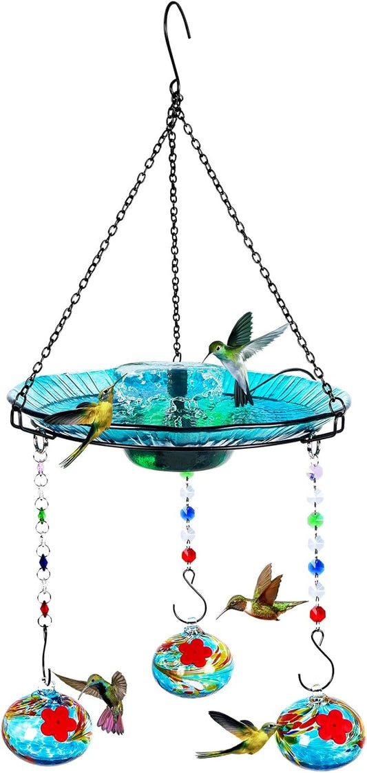 Headak Life Hummingbird Feeder and Bird Bath for Outdoors 2-in-1 for Small Birds - Hummingbird Bath Fountain with 3 Red Feeder Pots - Hanging Solar Bird Bath Fountains