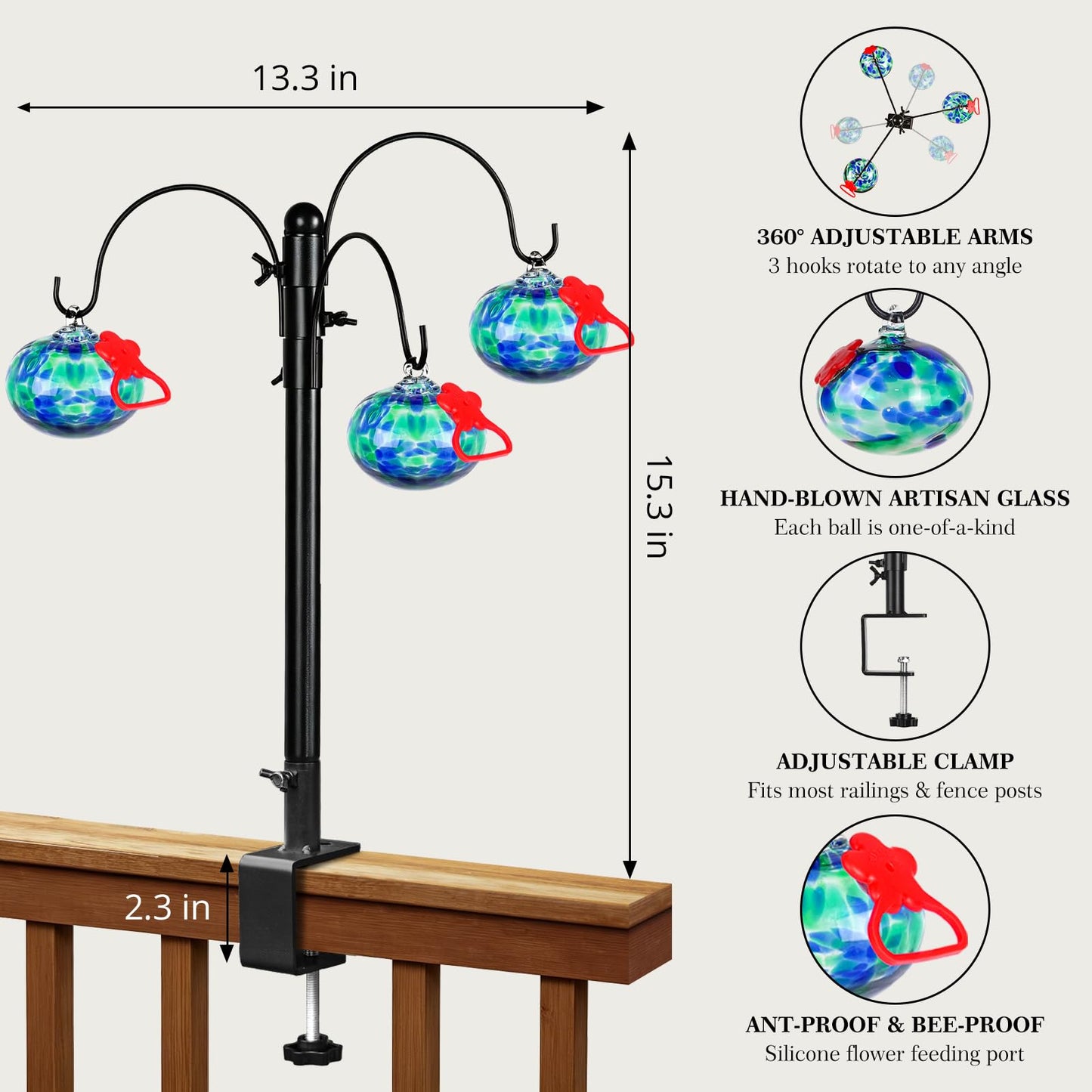 Headak life 15 inch Hummingbird Feeder Deck Hook for Railing, Hand Blown Glass Hummingbird Feeders for outdoors with Clamp-On Stand, Adjustable Outdoor Bird Feeder Pole for Deck,Garden Gifts for Women