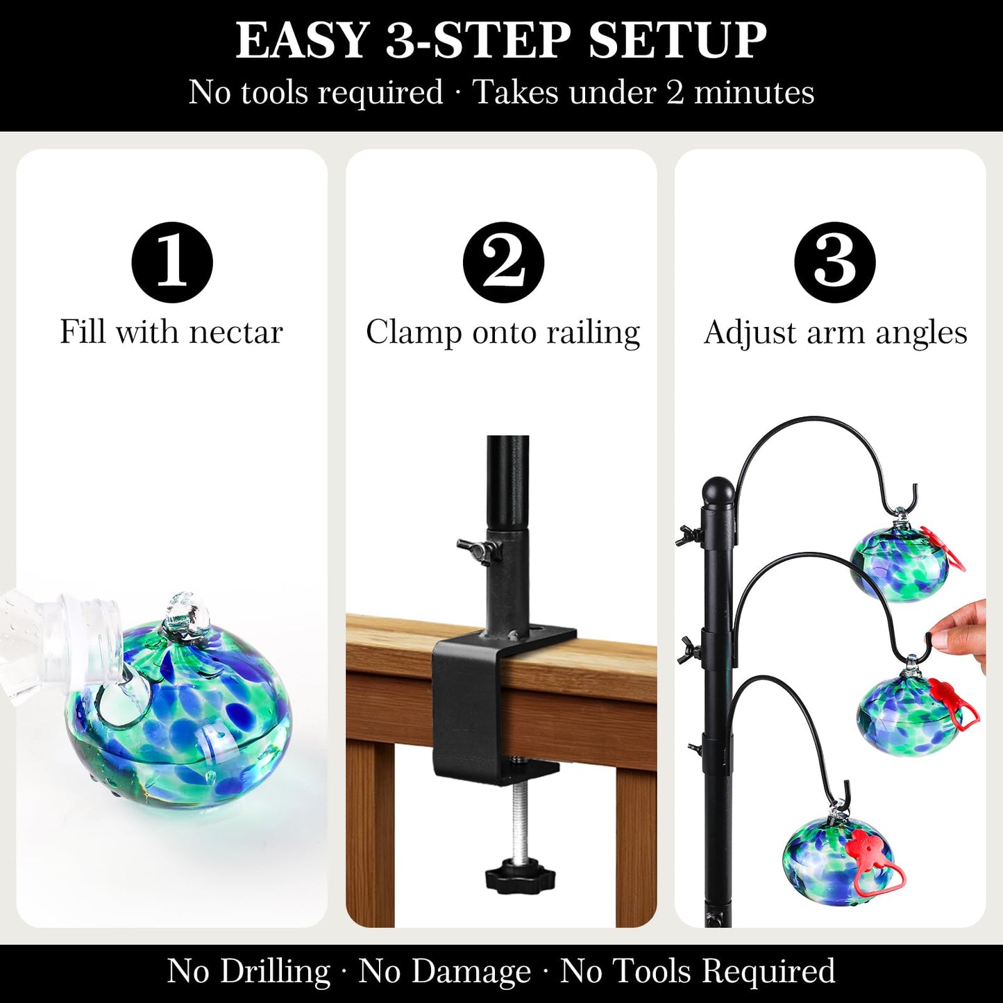 Headak life 15 inch Hummingbird Feeder Deck Hook for Railing, Hand Blown Glass Hummingbird Feeders for outdoors with Clamp-On Stand, Adjustable Outdoor Bird Feeder Pole for Deck,Garden Gifts for Women