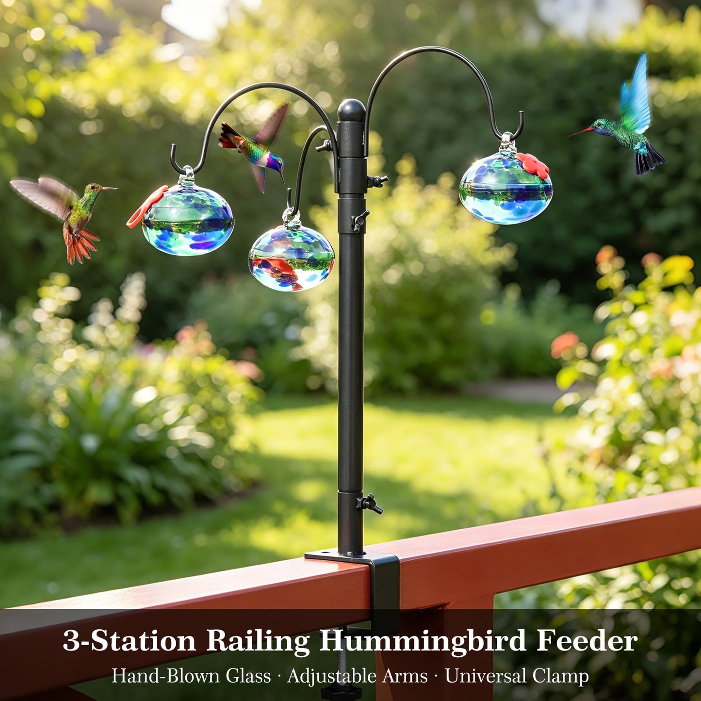 Headak life 15 inch Hummingbird Feeder Deck Hook for Railing, Hand Blown Glass Hummingbird Feeders for outdoors with Clamp-On Stand, Adjustable Outdoor Bird Feeder Pole for Deck,Garden Gifts for Women