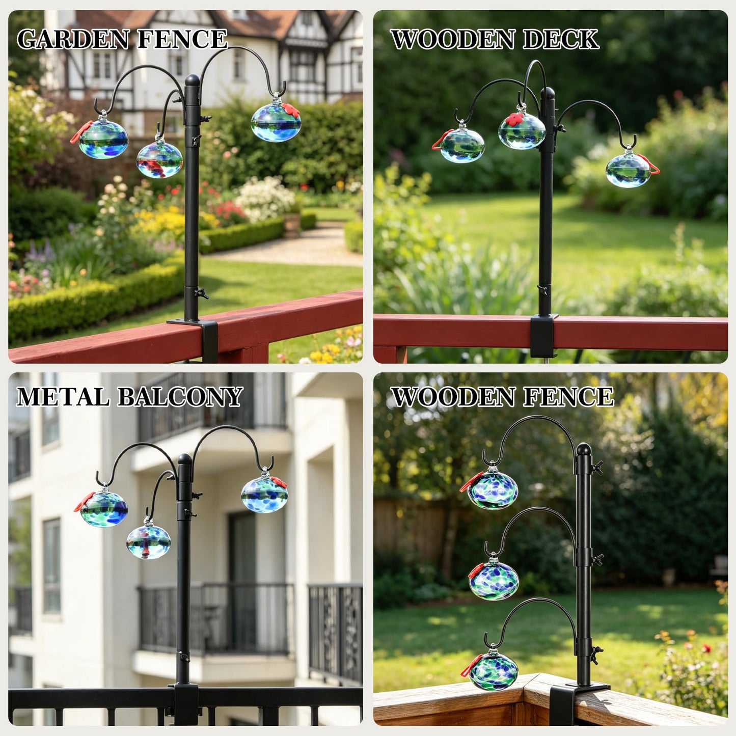 Headak life 15 inch Hummingbird Feeder Deck Hook for Railing, Hand Blown Glass Hummingbird Feeders for outdoors with Clamp-On Stand, Adjustable Outdoor Bird Feeder Pole for Deck,Garden Gifts for Women